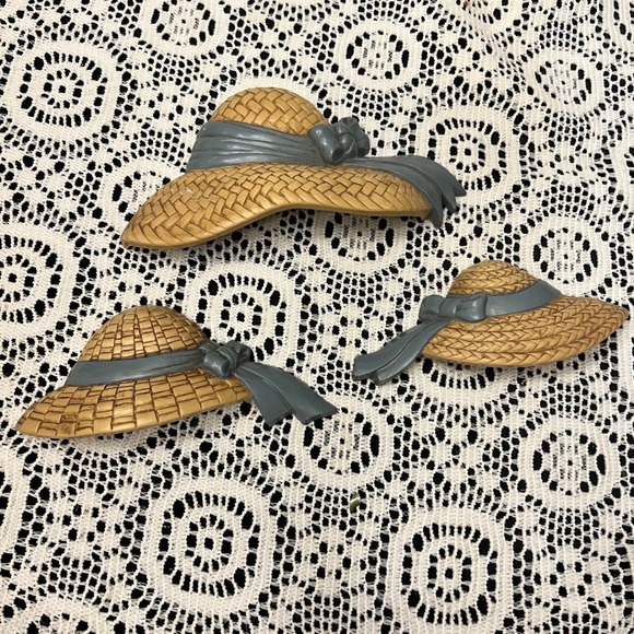 Other - Vintage Homco Straw Wicker Hat Blue Bow Wall Plaques | Set of 3 | Cottage